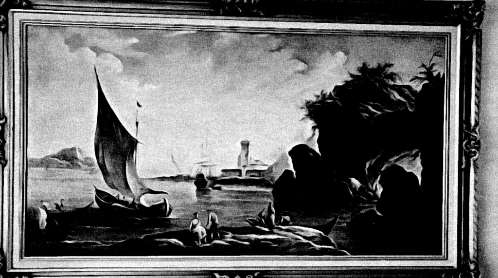 Painting of a old fishing village during historical time in the abstract 