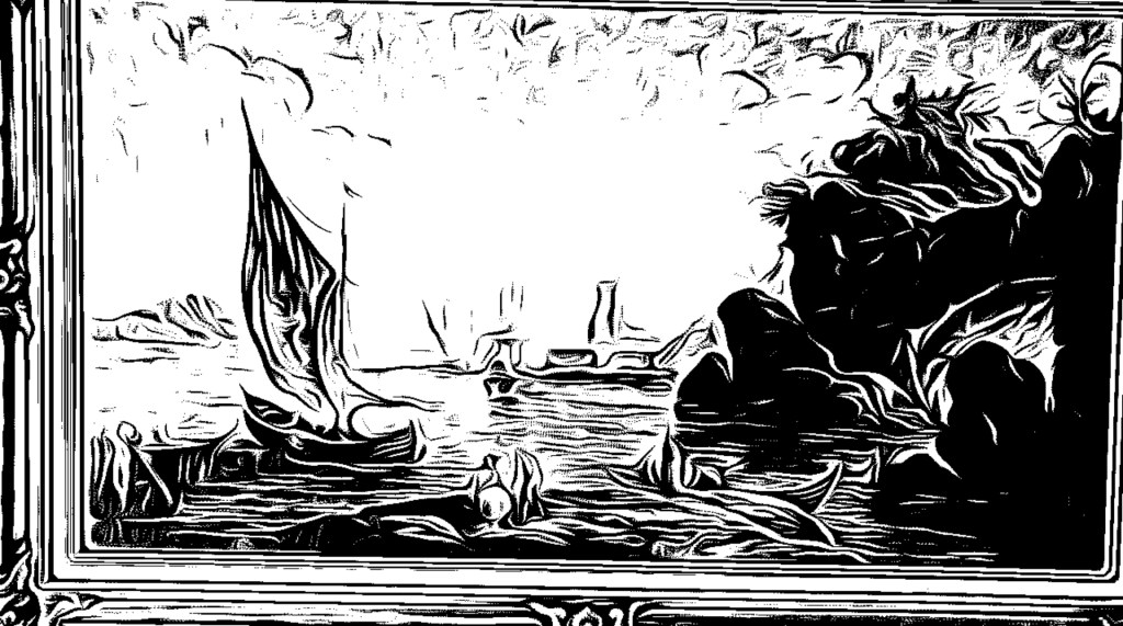 Picture of a ship sailing in the harbour while people rejoice ashore