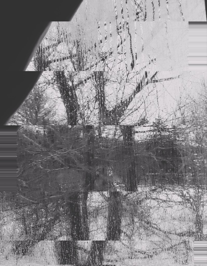 Black and white photo looking outside a window that is edited, glitched by Dr Digital Philosophy 