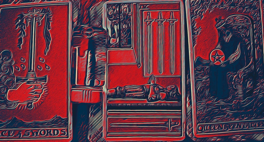 Tarot spread in red color of four of Swords from the Rider Waite Tarot Deck 2022. Edited and glitched by Dr. Digital Philosophy 