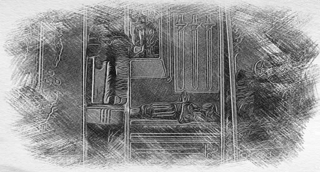 Black and white image of 4 of Swords from the Rider Waite Tarot Deck. Edited by cartoon editor by Dr. Digital Philosophy in 2022