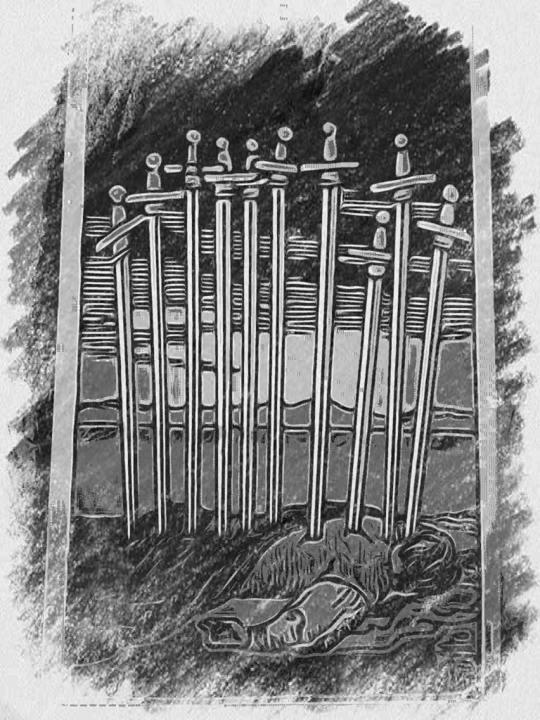 A tarot card from the Rider Waite Deck featuring the ten of swords