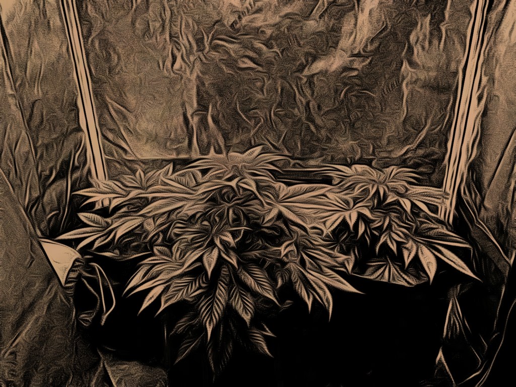 Marijuana growing in a grow environment and picture edited by Dr. Digital Philosophy 