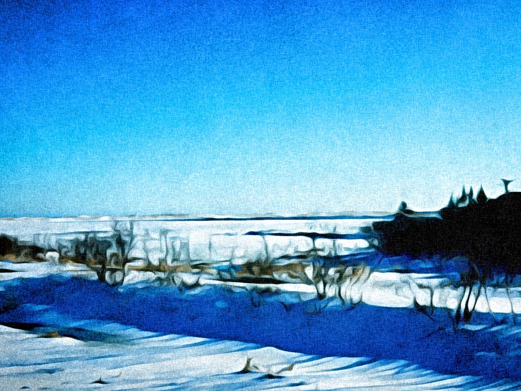 March scenery view of snow and trees in a edited oil painted image by Dr. Digital Philosophy 2022