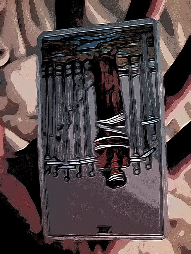 Reversed eight of swords from the Rider Waite Tarot Deck edited by Dr. Digital Philosophy 
