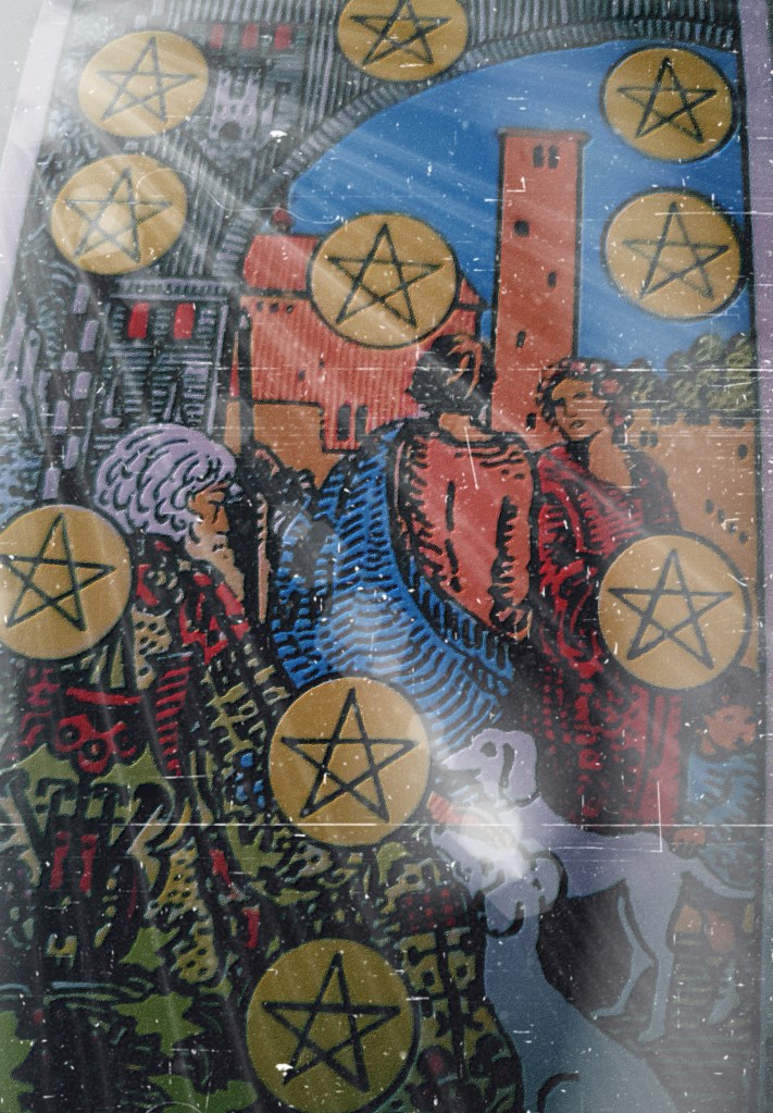 The ten of pentacles edited by Dr Digital Philosophy during April 2021-2022 from the Rider Waite Tarot Deck 