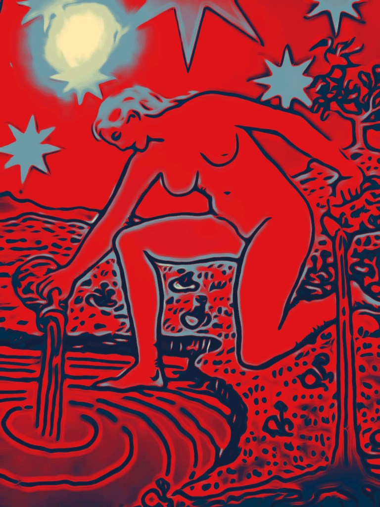 The star card edited in a red theme from the Rider Waite Tarot Deck 2022