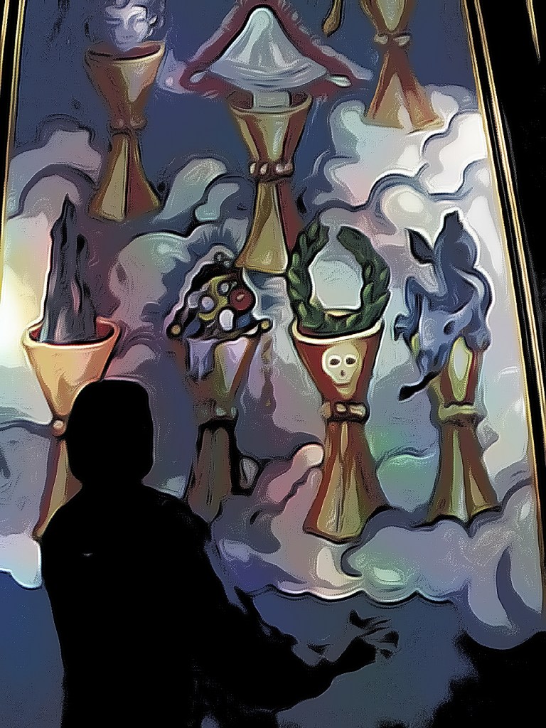 The seven of cups revealed the querent seeing many visions from the Rider Waite Tarot Deck edited by Dr Digital Philosophy during April 2022