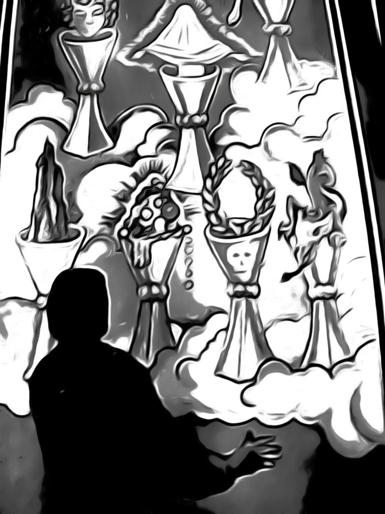 The Querent views his dreams and desires bit they may not be all they seem to be 