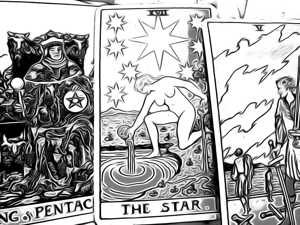 Tarot spread from the Rider Waite Tarot Deck edited by Dr Digital Philosophy during April 2022