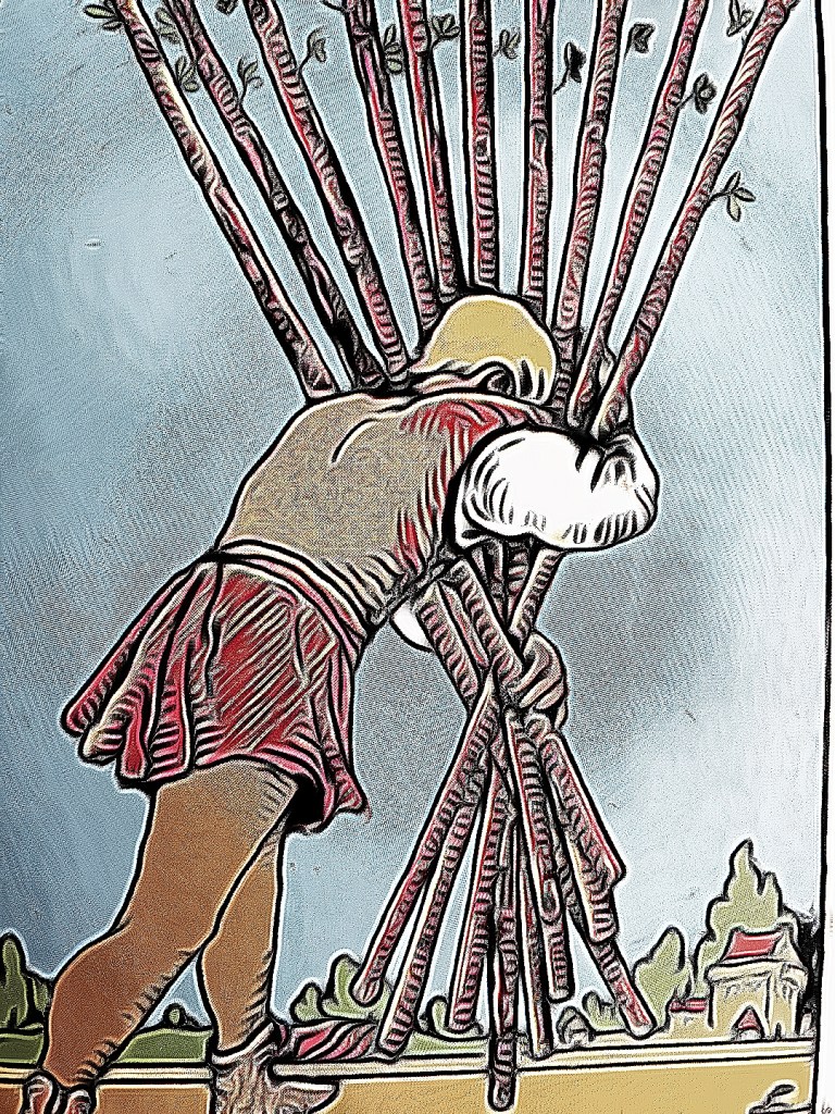 The ten of wands from the Rider Waite Tarot Deck edited by Dr Digital Philosophy