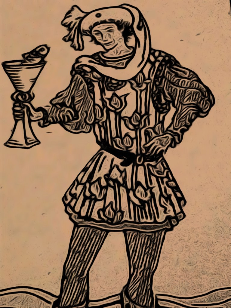 The page of cups from the Rider Waite Tarot Deck edited by Dr Digital Philosophy during April 2021-2022 