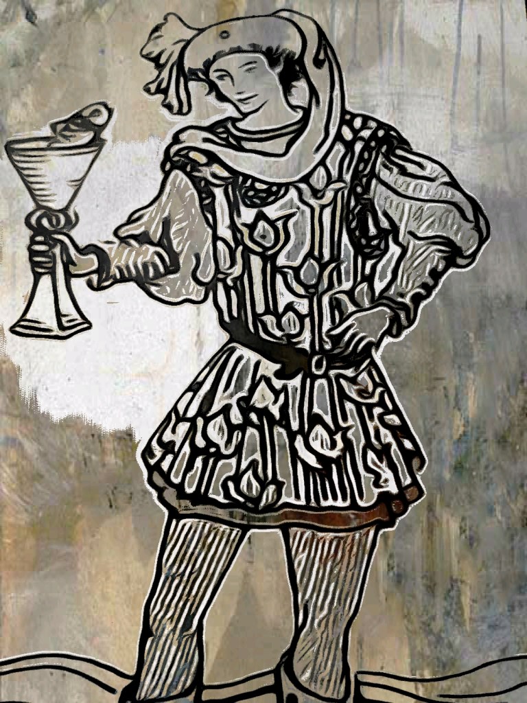 The page of cups from the Rider Waite Tarot Deck edited by Dr Digital Philosophy during April 2021-2022 