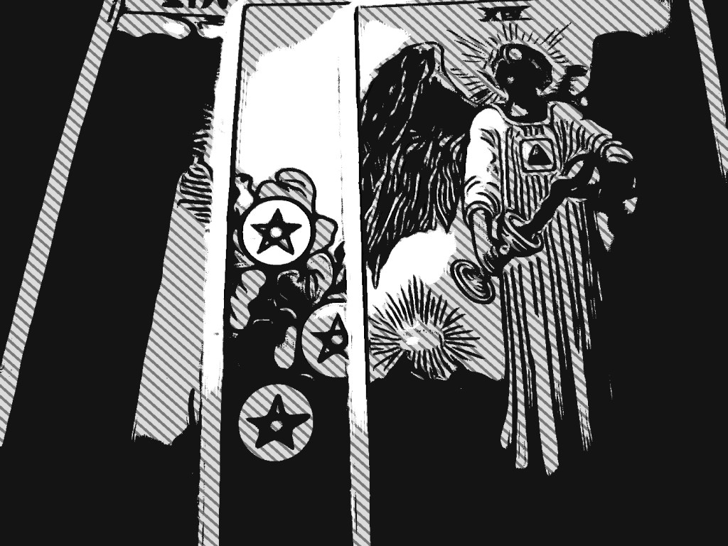 Black and white Temperance card from the Rider Waite Tarot Deck 2021-2022 edited by Dr Digital Philosophy 