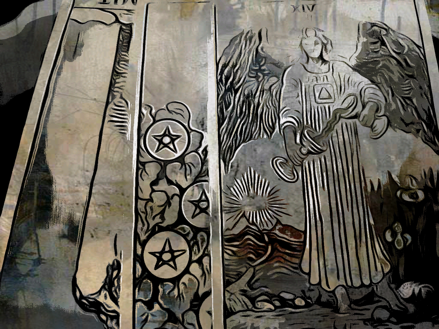 The tarot card Temperance from the Rider Waite Tarot Deck edited by Dr Digital Philosophy during 2021-2022 